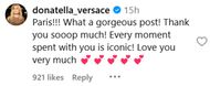 Donatella Versace comments on Paris Hilton's post. (Image via Instagram/@parishilton)